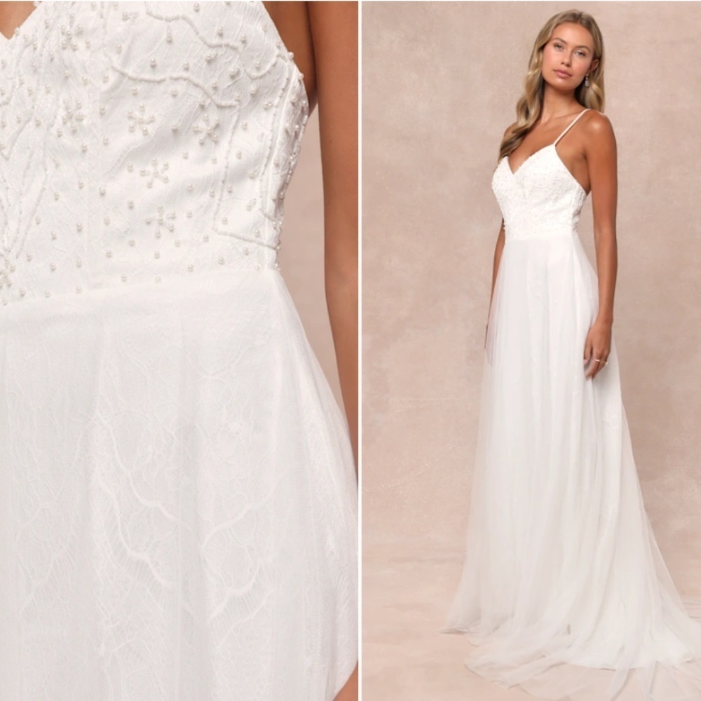 LULU's Bridal Wedding Romantic Flowy Dreamy Floral Lace Tulle Layered Ballgown
